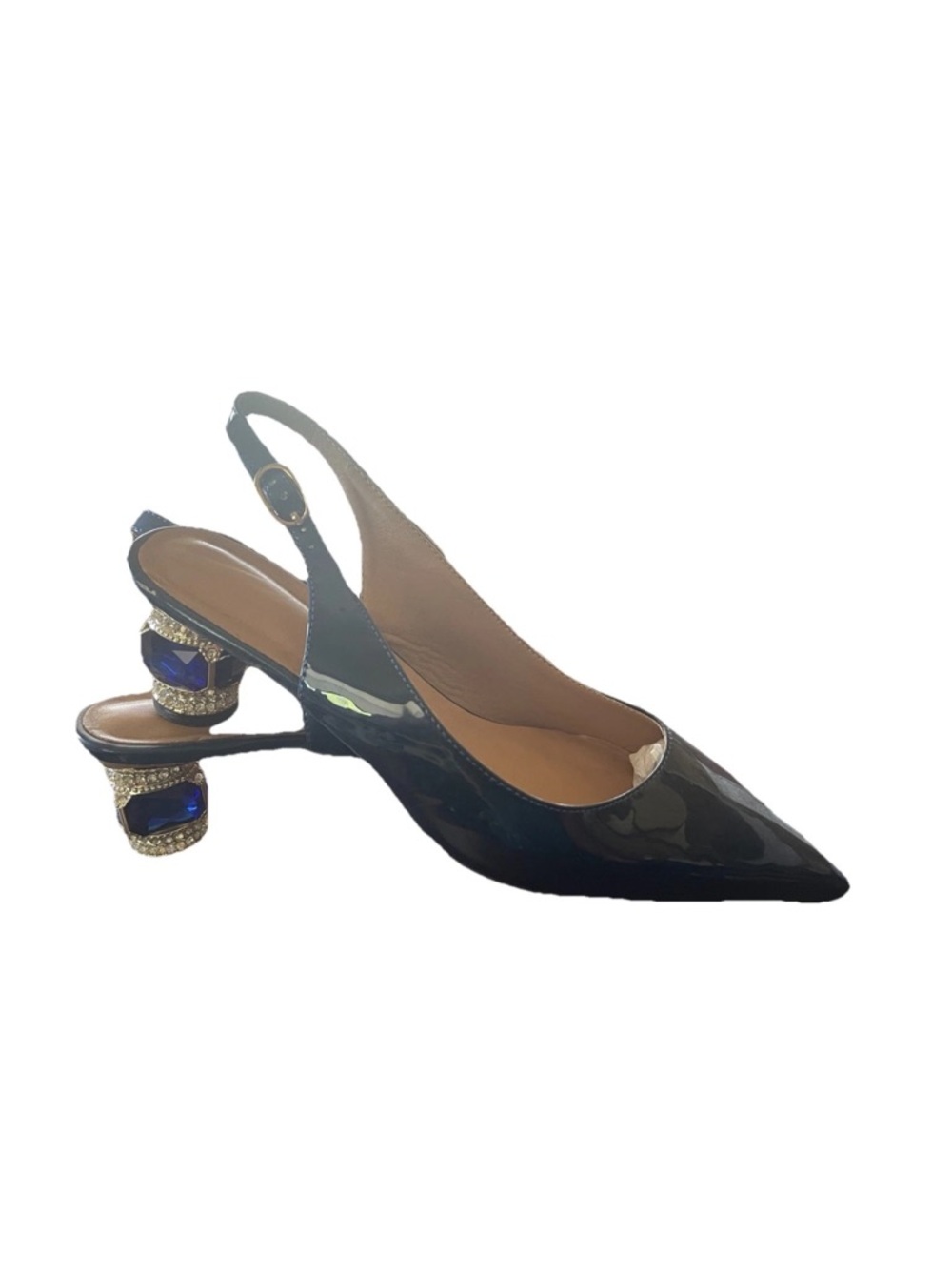 Blue Patent Slingback Heels Women’s 9, Embellished Block Heel, Gemstone